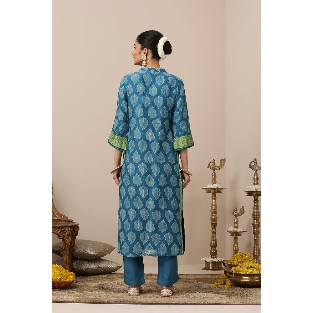 TAHILIYA Blue Printed Chanderi Silk Designer Kurta (Set of 3)