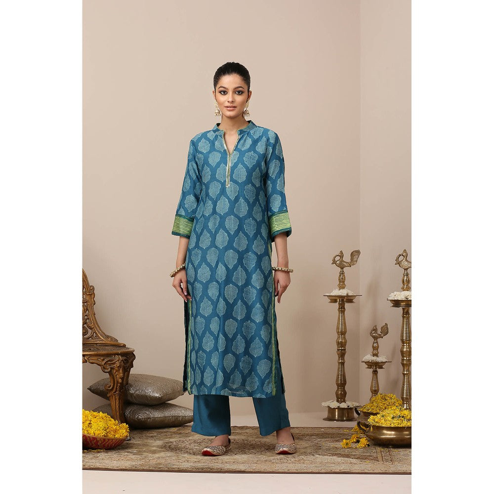 TAHILIYA Blue Printed Chanderi Silk Designer Kurta (Set of 3)