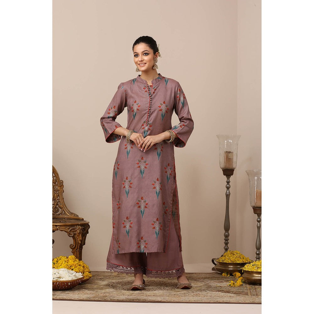 TAHILIYA Mauve Tussar Moonga Silk Kurta with Silk Pants and Silk Printed Dupatta (Set of 3)
