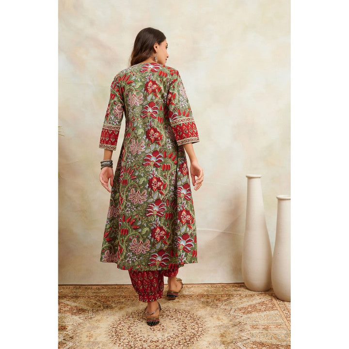 TAHILIYA Red and Green Hand Floral Block Printed Sanganeri A Line Kurta