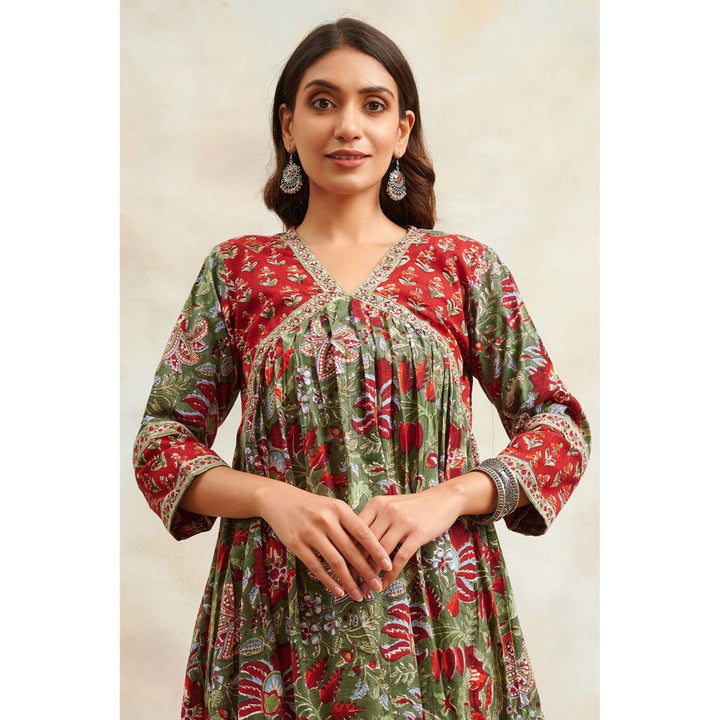 TAHILIYA Red and Green Hand Floral Block Printed Sanganeri A Line Kurta