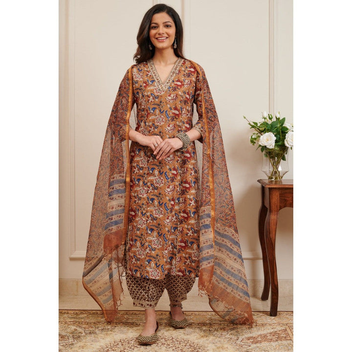 TAHILIYA Brown Floral Hand Block Printed Kota Doria Dupatta