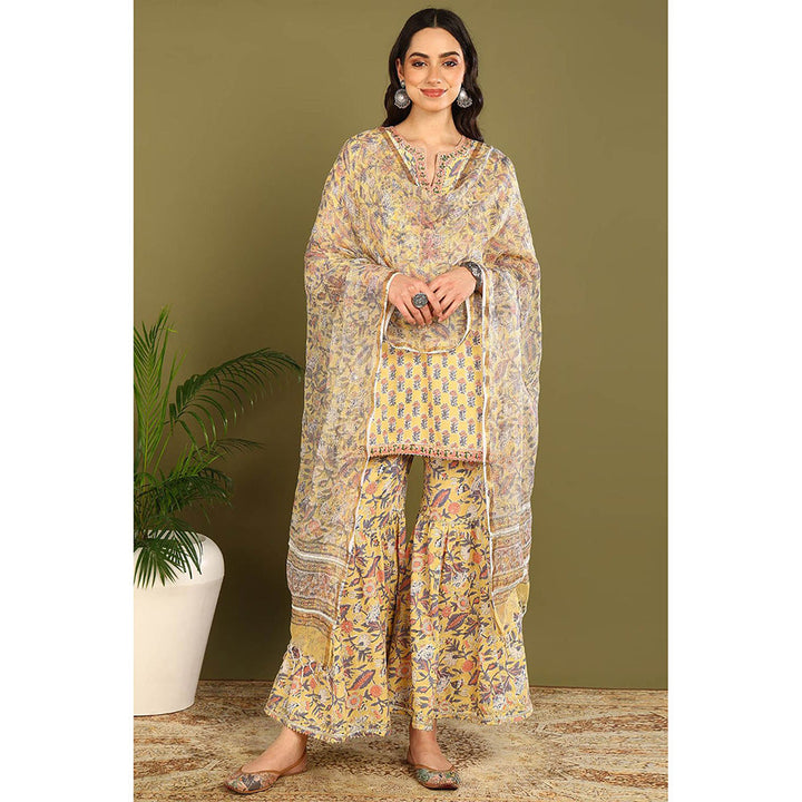 TAHILIYA Yellow Sanganeri Kurta Pant with Dupatta (Set of 3)