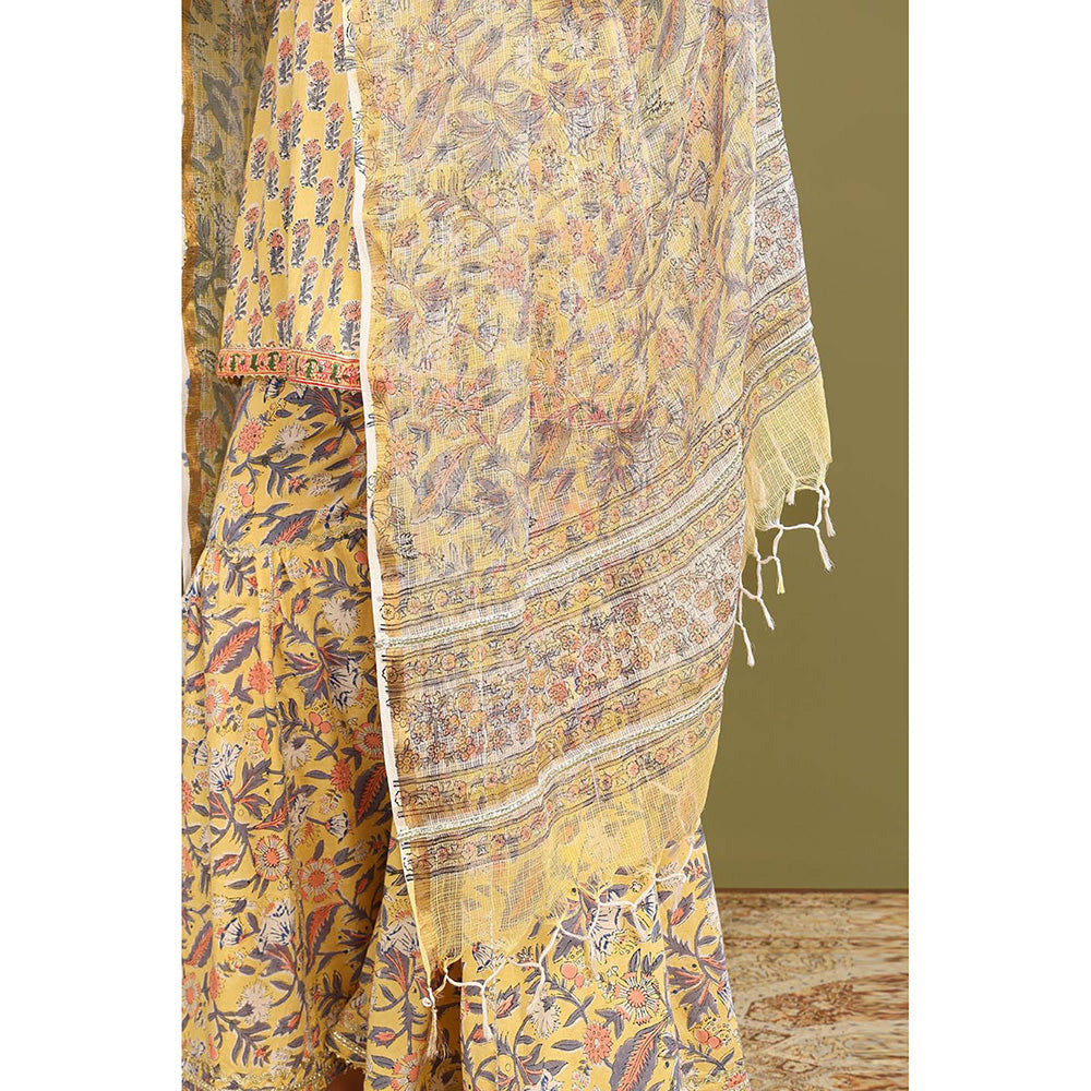 TAHILIYA Yellow Sanganeri Kurta Pant with Dupatta (Set of 3)