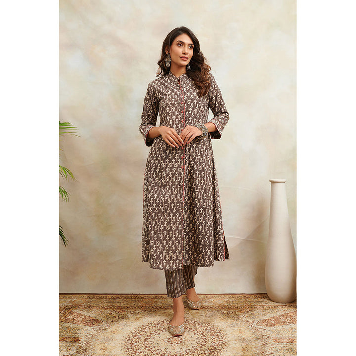 TAHILIYA Brown Hand Block Bagru Printed A-Line Front Open Kurta