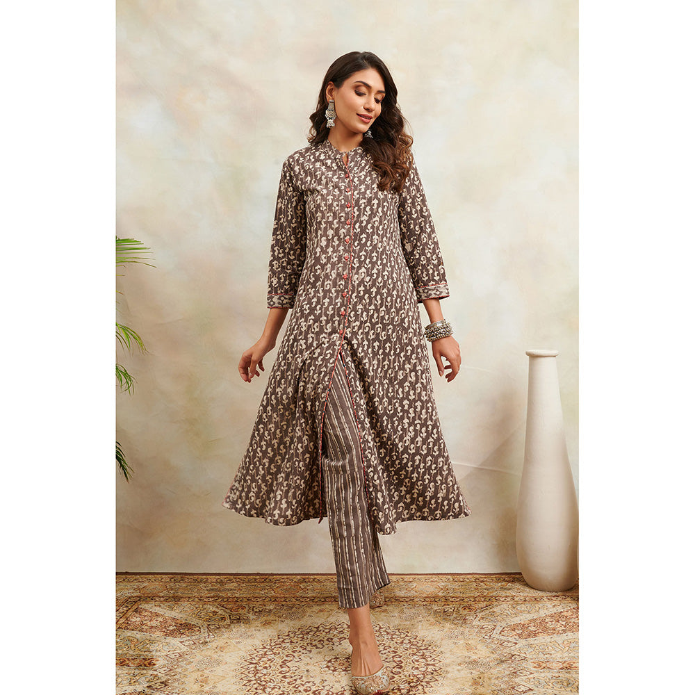 TAHILIYA Brown Hand Block Bagru Printed A-Line Front Open Kurta