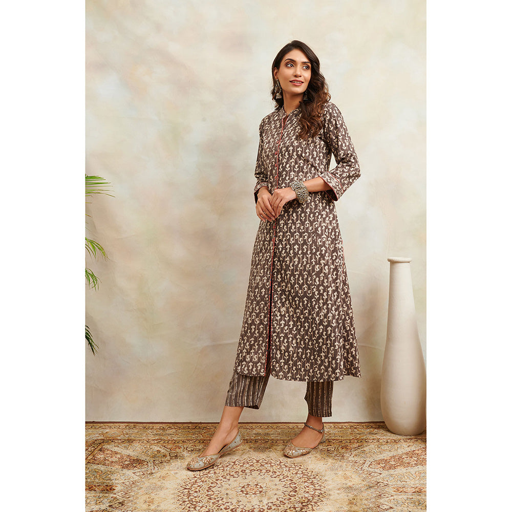 TAHILIYA Brown Hand Block Bagru Printed A-Line Front Open Kurta