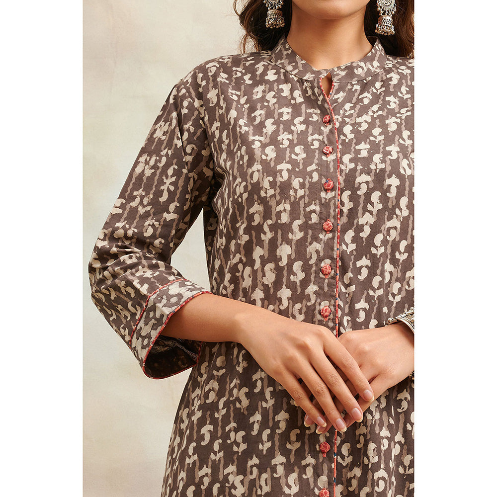 TAHILIYA Brown Hand Block Bagru Printed A-Line Front Open Kurta