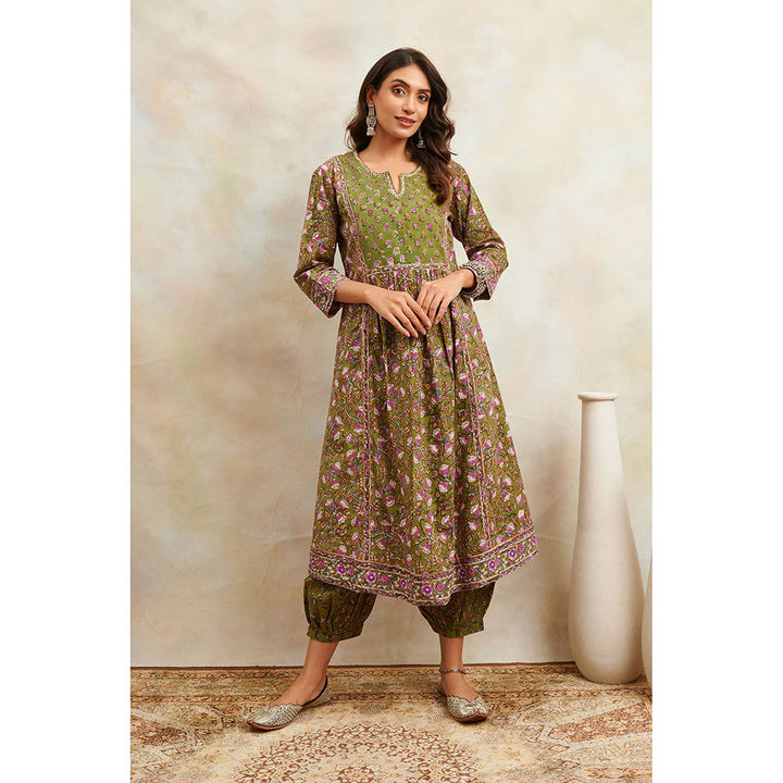 TAHILIYA Green Hand Block Printed Sanganeri A-Line Kurta