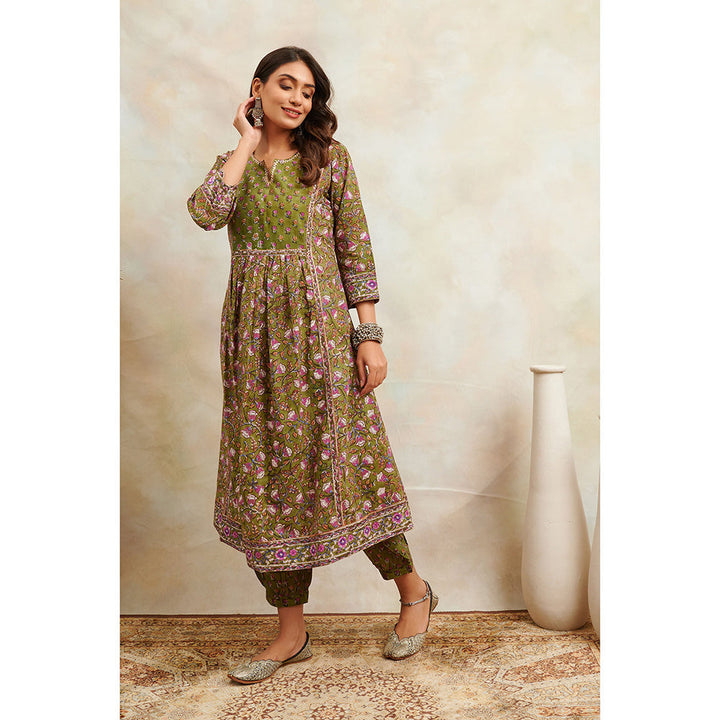 TAHILIYA Green Hand Block Printed Sanganeri A-Line Kurta