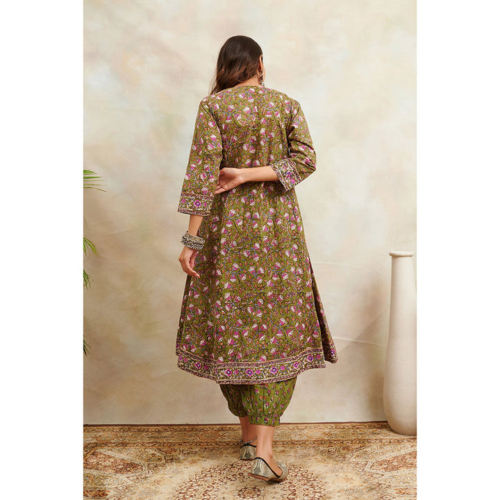 TAHILIYA Green Hand Block Printed Sanganeri A-Line Kurta