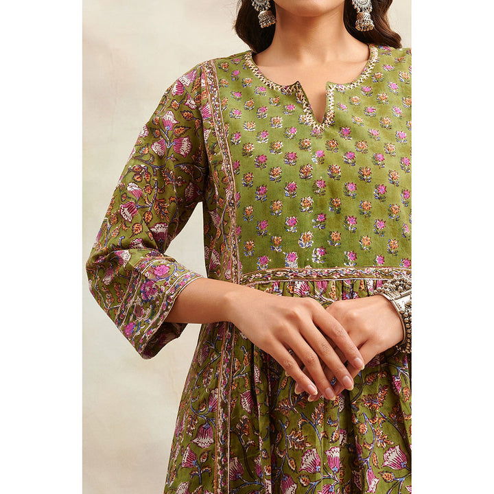 TAHILIYA Green Hand Block Printed Sanganeri A-Line Kurta