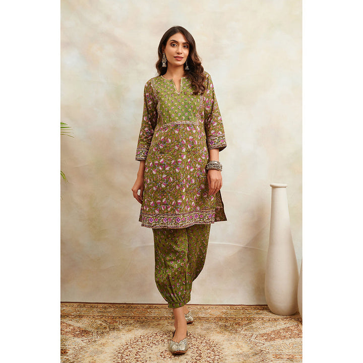 TAHILIYA Green Hand Block Printed Sanganeri Straight Short Kurta