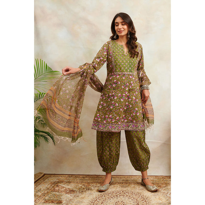 TAHILIYA Green Hand Block Printed Sanganeri Straight Short Kurta