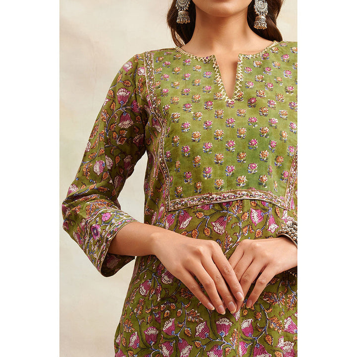 TAHILIYA Green Hand Block Printed Sanganeri Straight Short Kurta