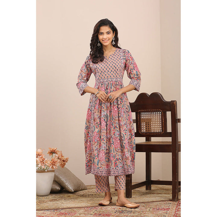 TAHILIYA Brown Pink Hand Block Printed A Line Kurta