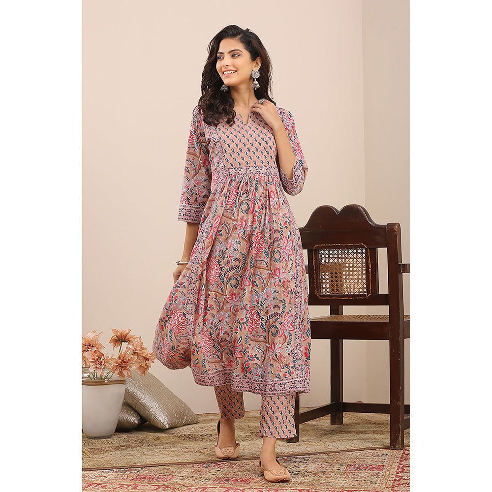 TAHILIYA Brown Pink Hand Block Printed A Line Kurta