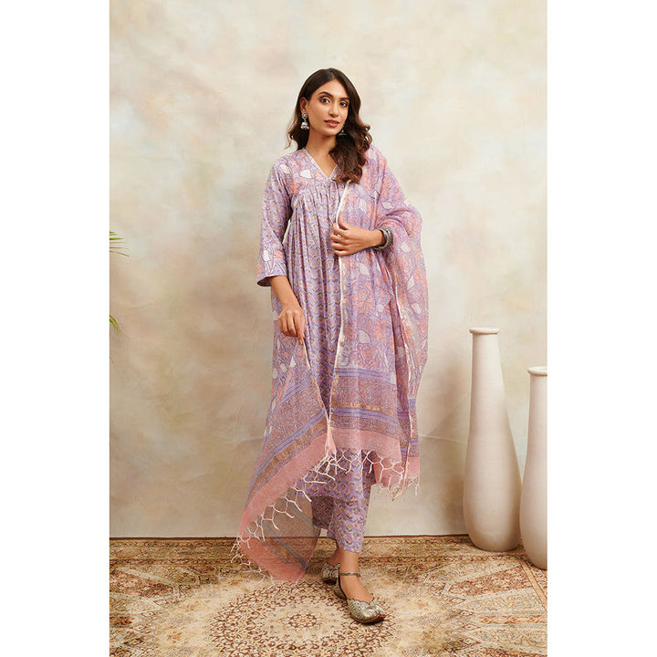 TAHILIYA Lavender Hand Block Printed Sanganeri A-Line Kurta