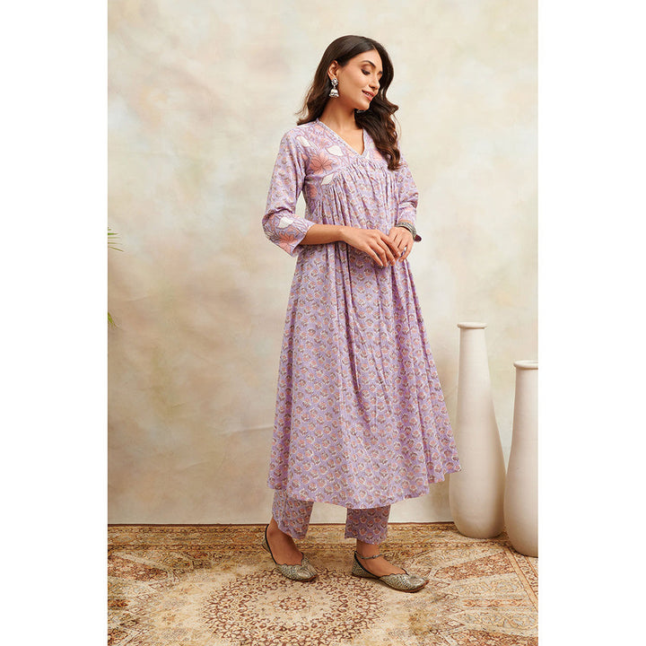 TAHILIYA Lavender Hand Block Printed Sanganeri A-Line Kurta