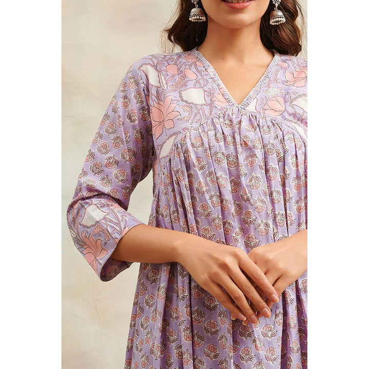 TAHILIYA Lavender Hand Block Printed Sanganeri A-Line Kurta