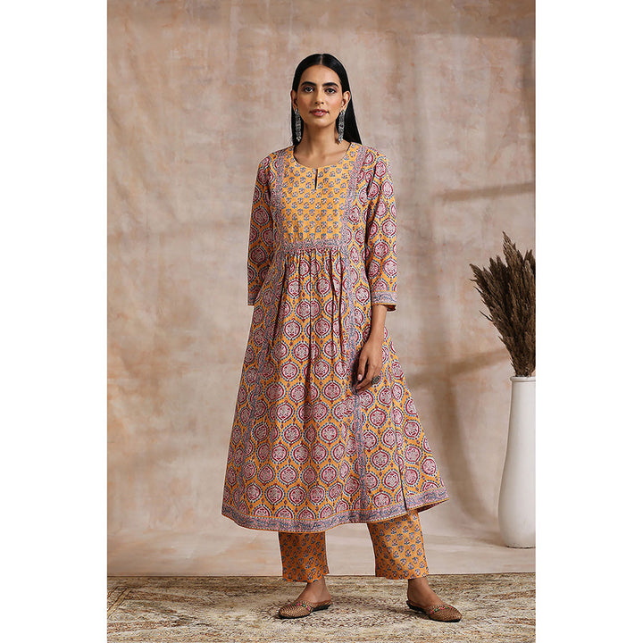 TAHILIYA Orange Hand Block Printed Sanganeri A-Line Kurta