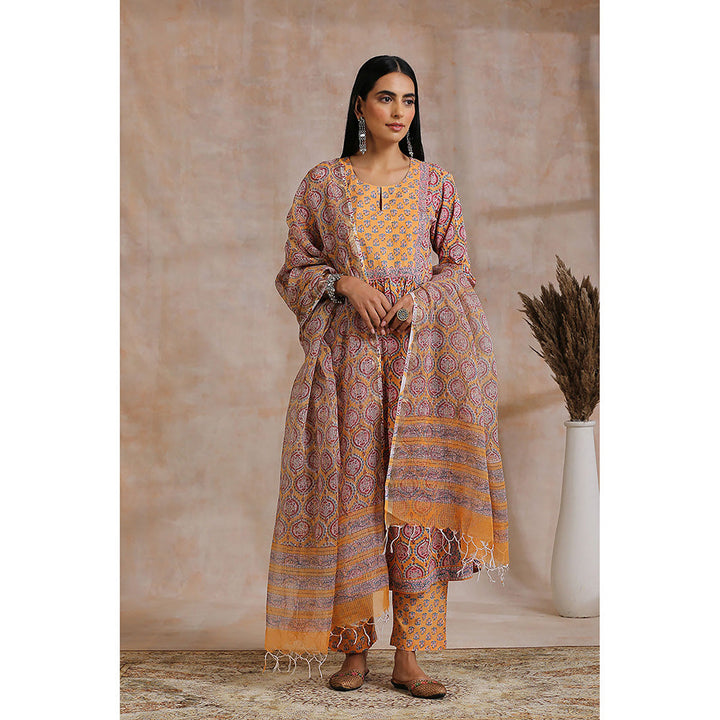 TAHILIYA Orange Hand Block Printed Sanganeri A-Line Kurta