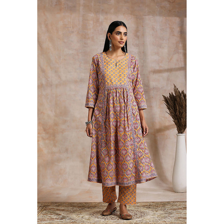 TAHILIYA Orange Hand Block Printed Sanganeri A-Line Kurta