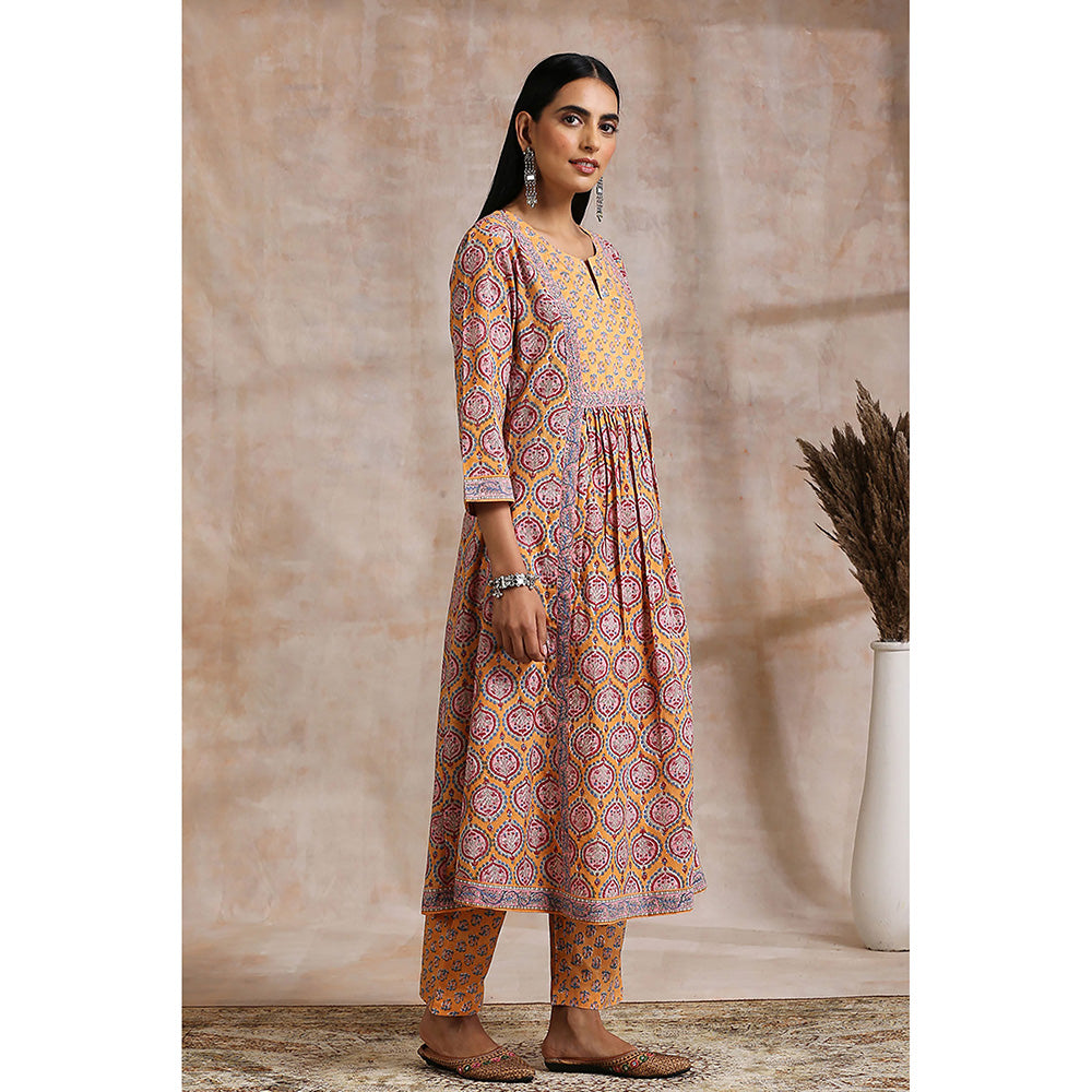 TAHILIYA Orange Hand Block Printed Sanganeri A-Line Kurta