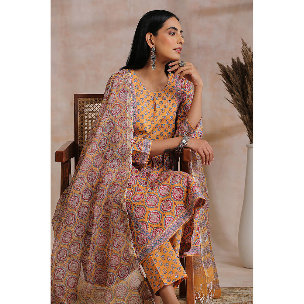 TAHILIYA Orange Hand Block Printed Sanganeri A-Line Kurta