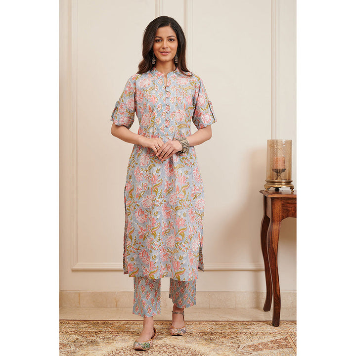 TAHILIYA Grey Floral Hand Block Printed Half Sleeves Kurta