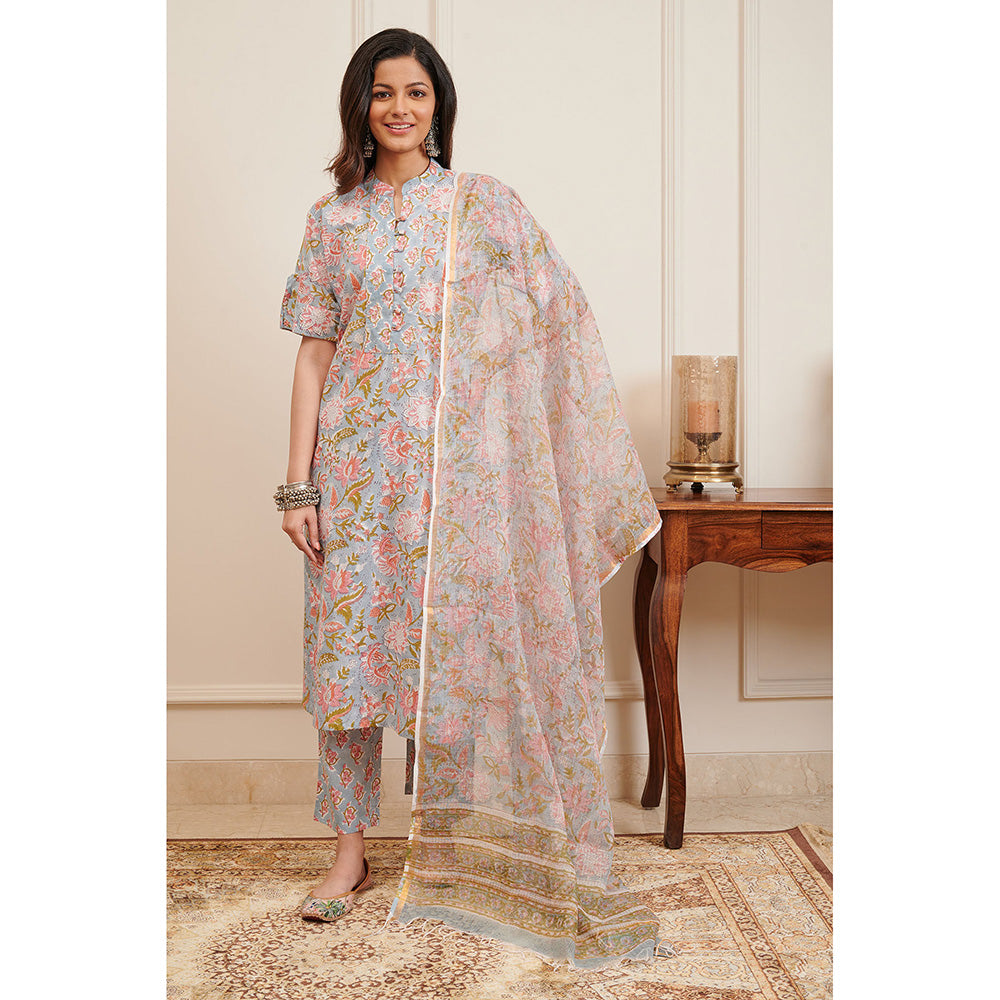 TAHILIYA Grey Floral Hand Block Printed Half Sleeves Kurta