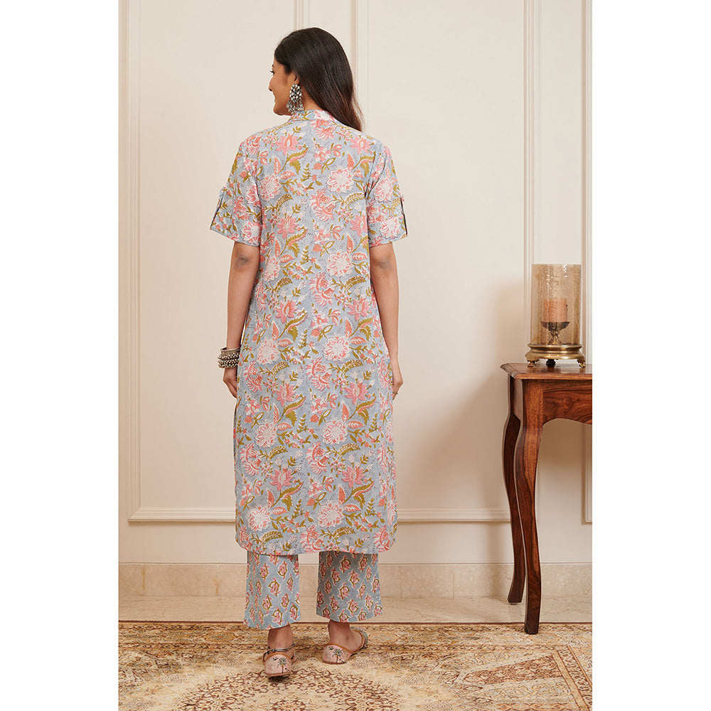 TAHILIYA Grey Floral Hand Block Printed Half Sleeves Kurta