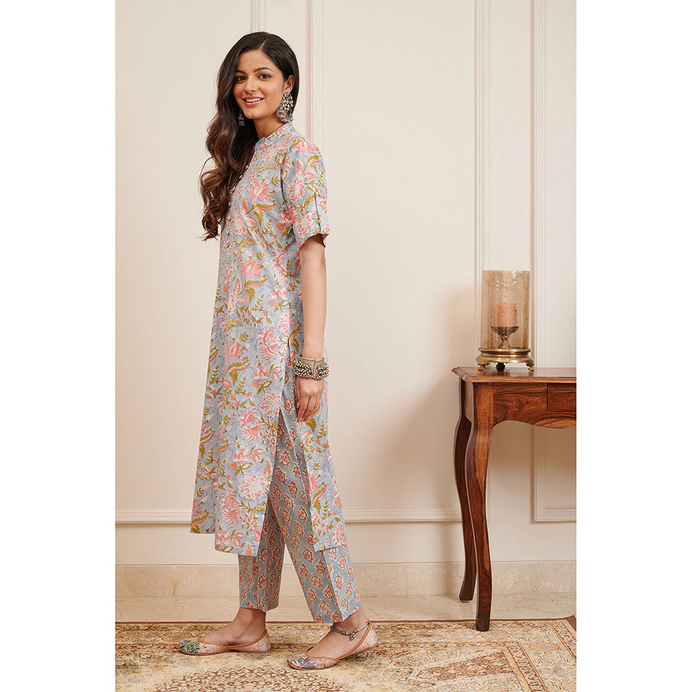 TAHILIYA Grey Floral Hand Block Printed Half Sleeves Kurta