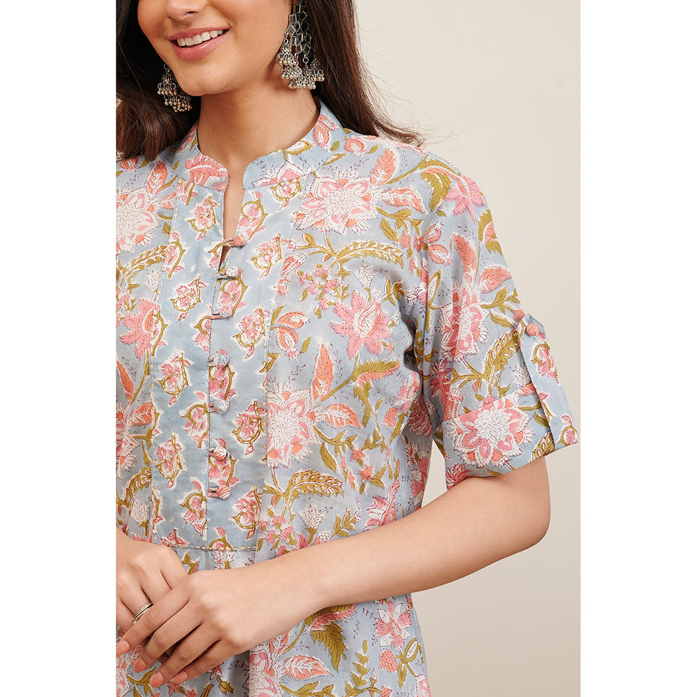 TAHILIYA Grey Floral Hand Block Printed Half Sleeves Kurta