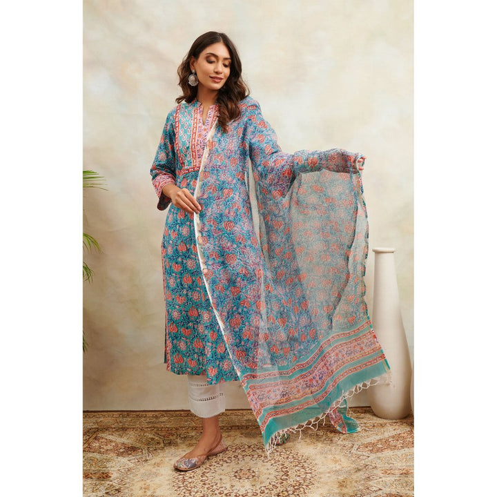 TAHILIYA Teal & Orange Kota Doria Dupatta