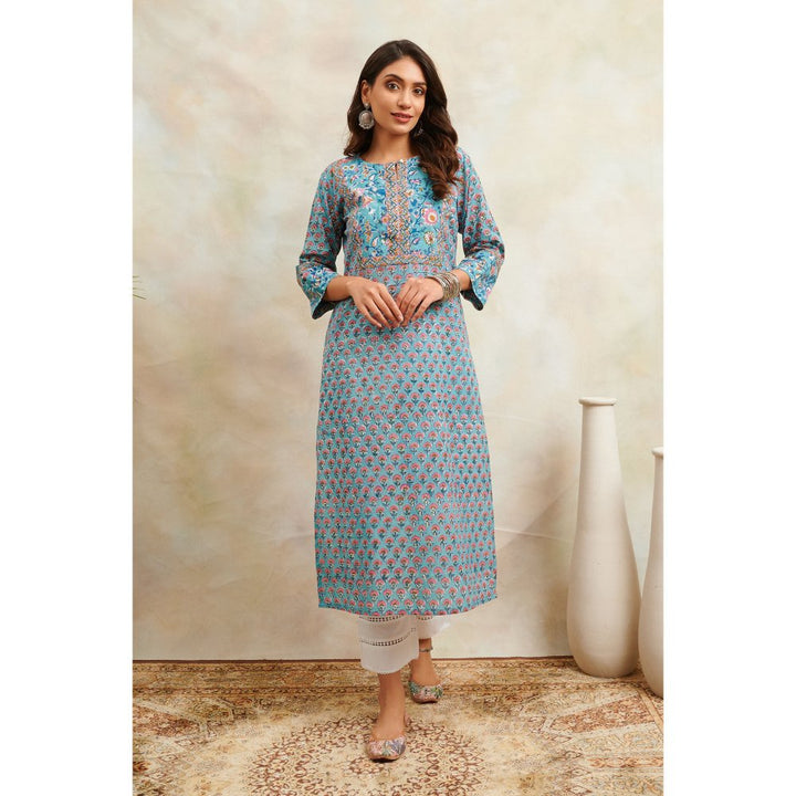 TAHILIYA Blue & Pink Sanganeri Straight Kurta