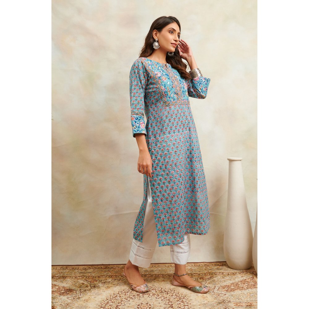 TAHILIYA Blue & Pink Sanganeri Straight Kurta