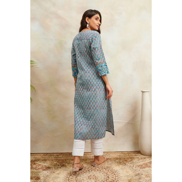 TAHILIYA Blue & Pink Sanganeri Straight Kurta