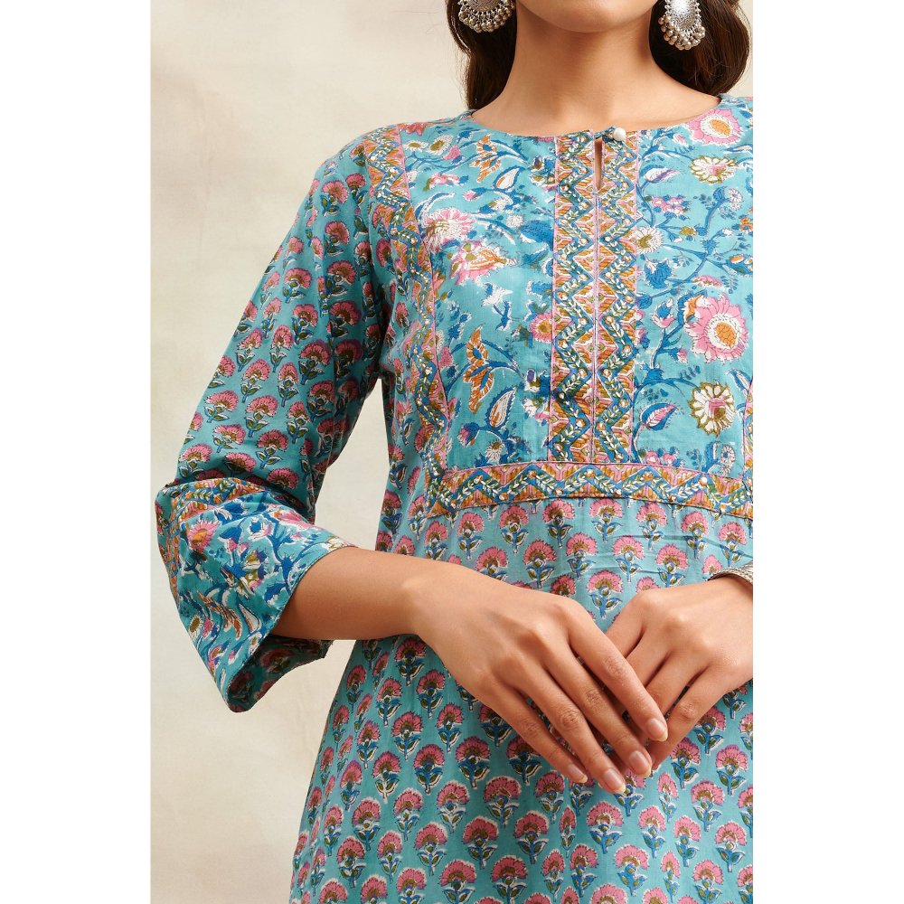 TAHILIYA Blue & Pink Sanganeri Straight Kurta