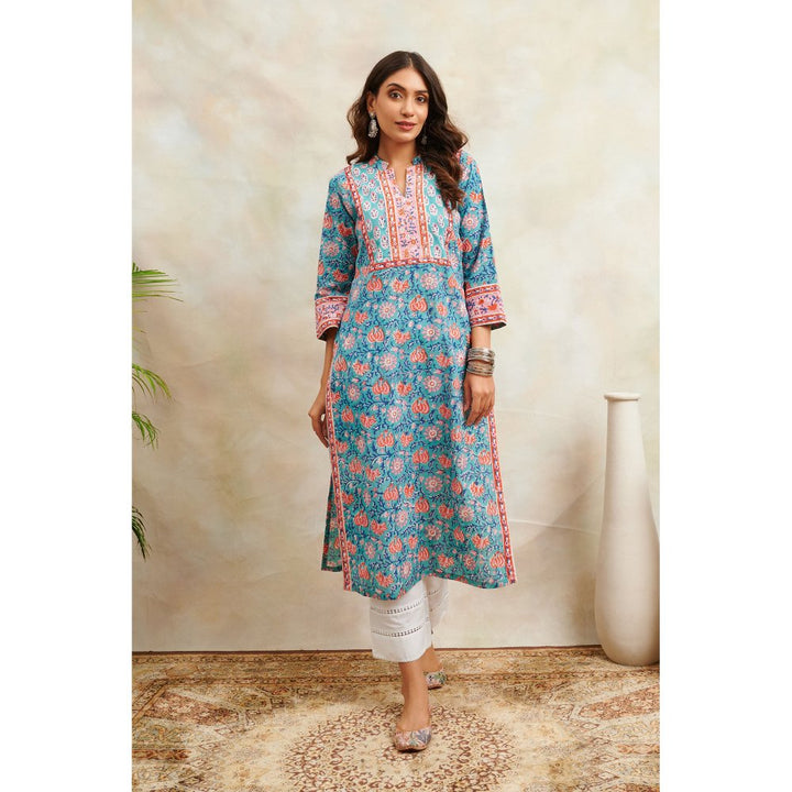 TAHILIYA Blue & Orange Sanganeri Straight Kurta