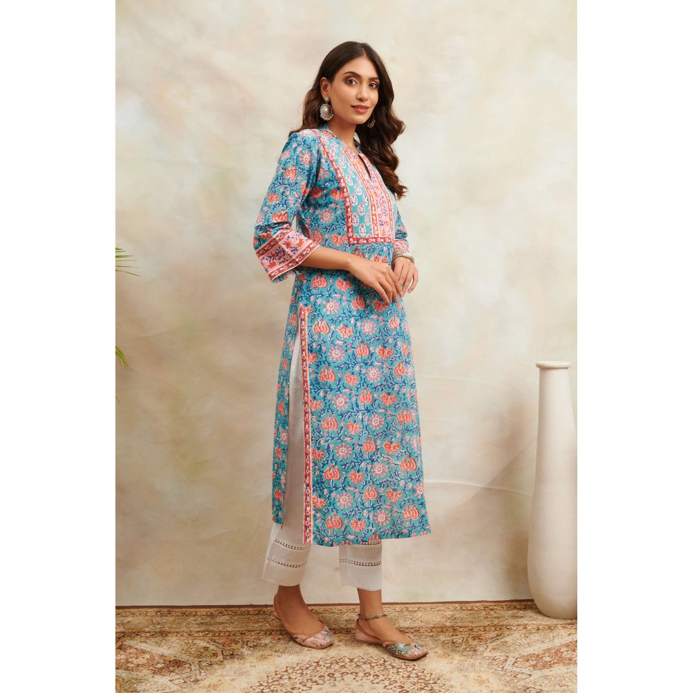 TAHILIYA Blue & Orange Sanganeri Straight Kurta