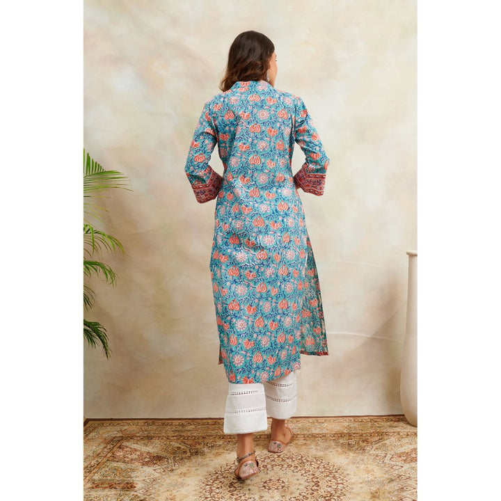 TAHILIYA Blue & Orange Sanganeri Straight Kurta