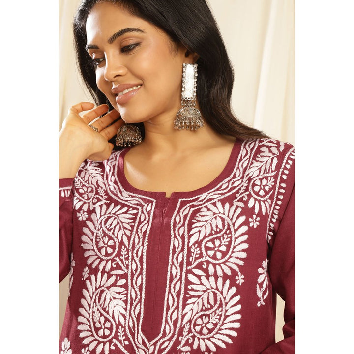 TAHILIYA Maroon Modal Chikankari Kurta