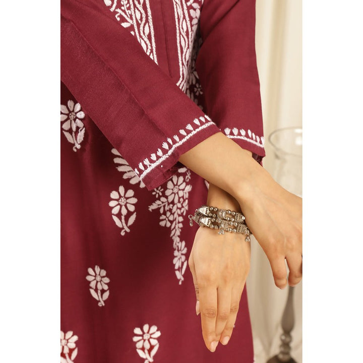 TAHILIYA Maroon Modal Chikankari Kurta