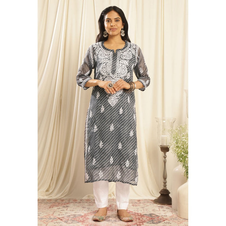 TAHILIYA Grey Kota Doria Chikankari Kurta with Slip (Set of 2)