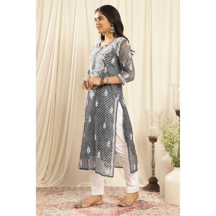 TAHILIYA Grey Kota Doria Chikankari Kurta with Slip (Set of 2)