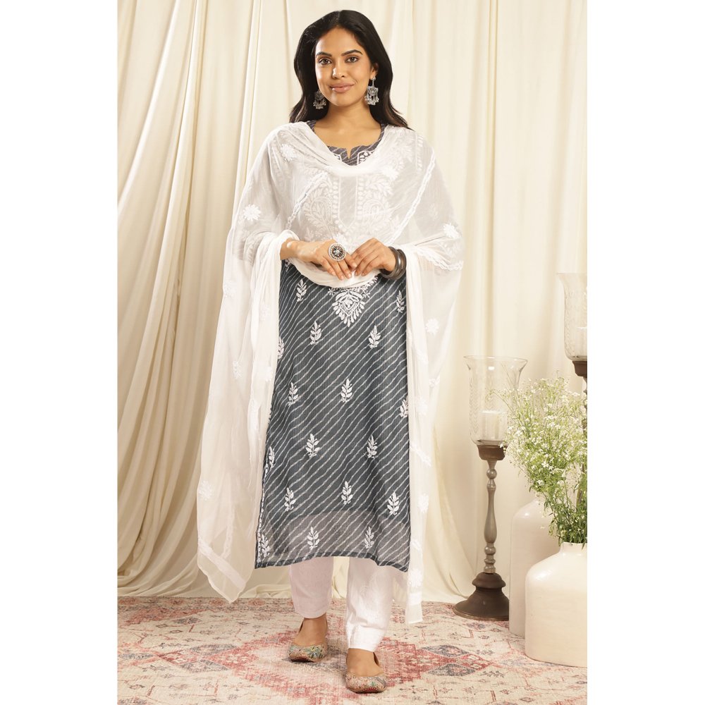 TAHILIYA Grey Kota Doria Chikankari Kurta with Slip (Set of 2)