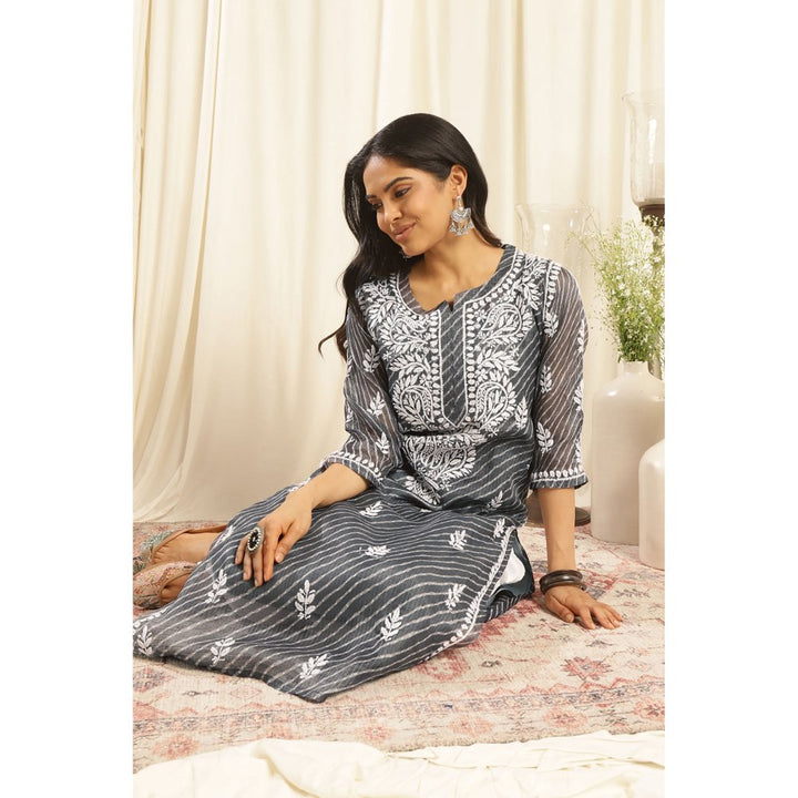 TAHILIYA Grey Kota Doria Chikankari Kurta with Slip (Set of 2)