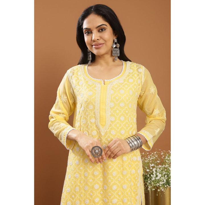 TAHILIYA Yellow Chikankari Mul Cotton Designer Kurta with Slip (Set of 2)