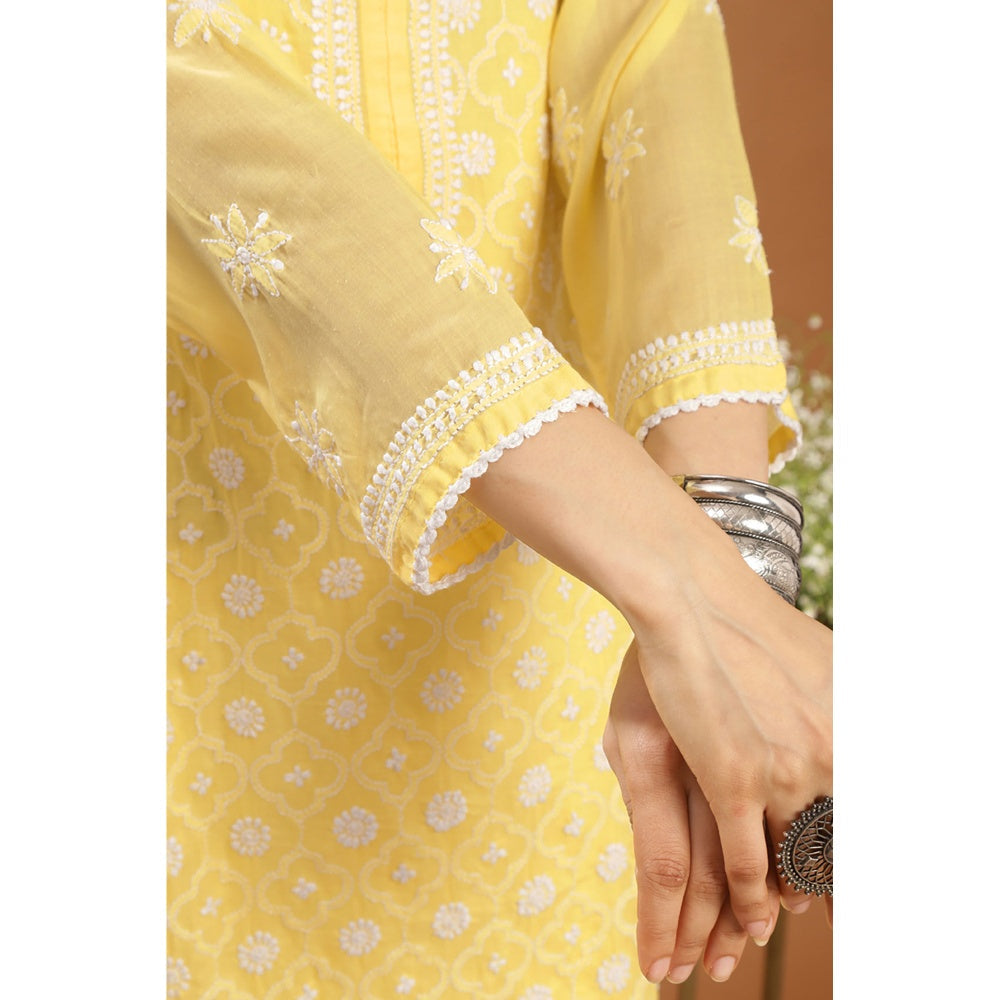 TAHILIYA Yellow Chikankari Mul Cotton Designer Kurta with Slip (Set of 2)